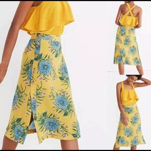Madewell 100% Silk Yellow Dual Side Button Up Skirt Painted Blooms Size 2 EUC